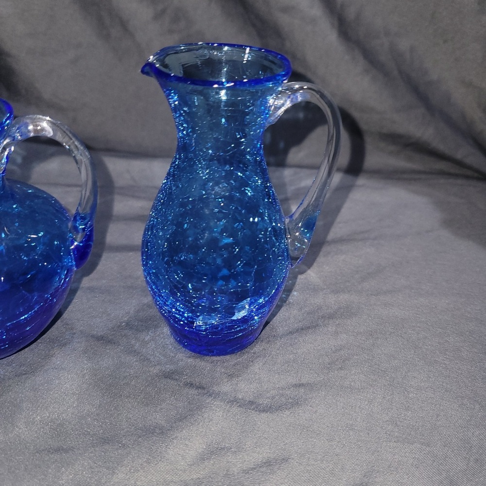 Vintage Mid Century Blue Hand Blown Crackle Small Pitchers Set Of 2 - Picture 2 of 10